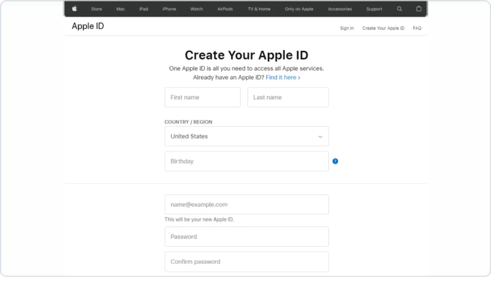 Create Apple ID Screen 