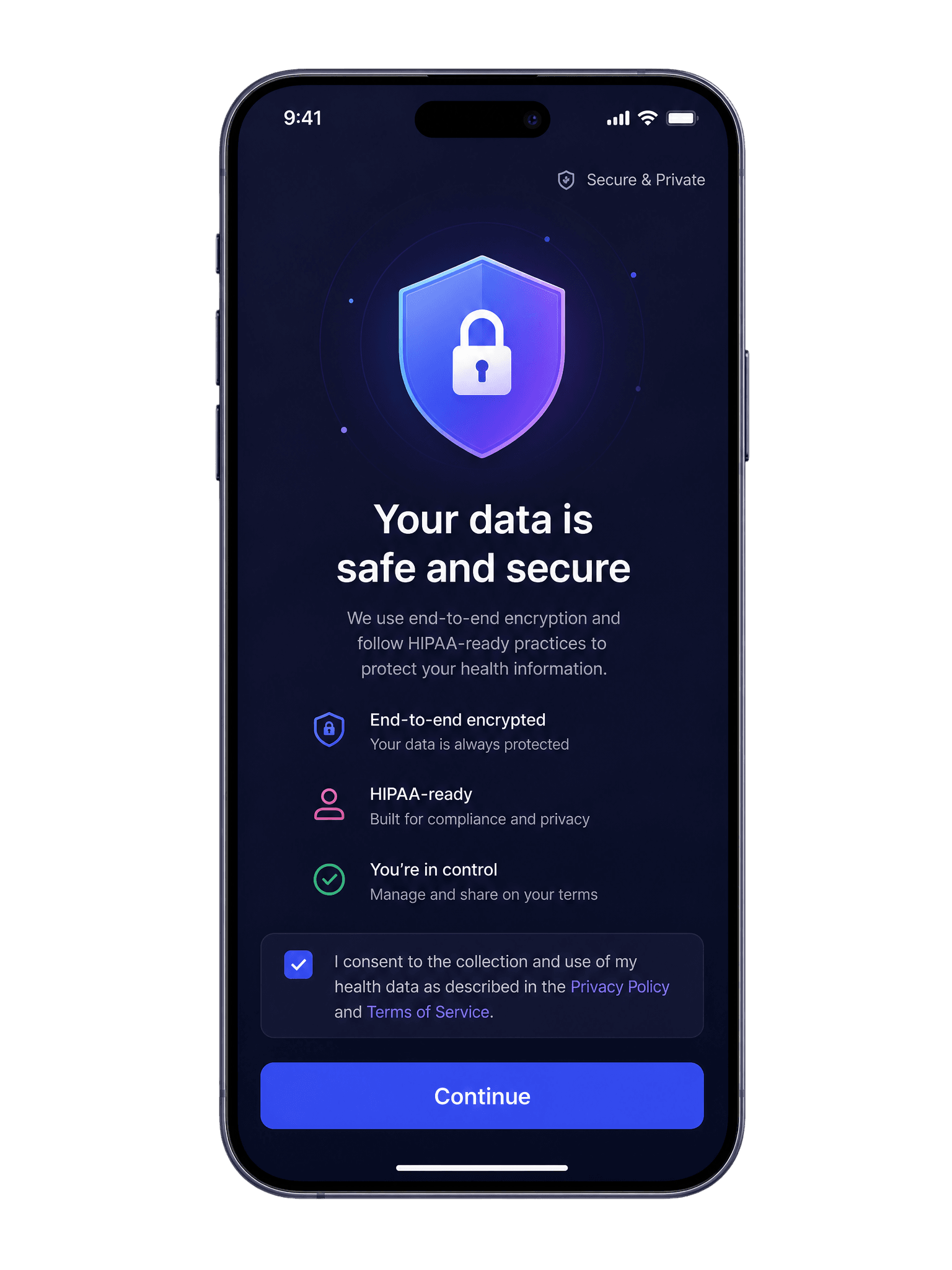 Data privacy and security app screen