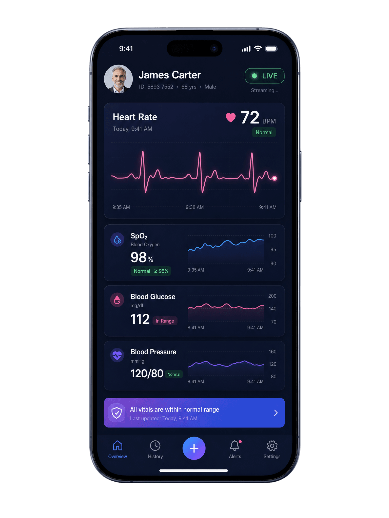 Live vitals monitoring app screen