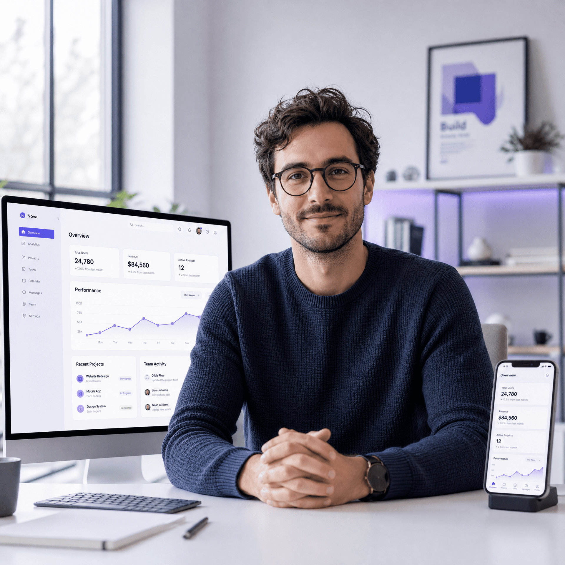 Front-end developer working at a dual-monitor desk setup