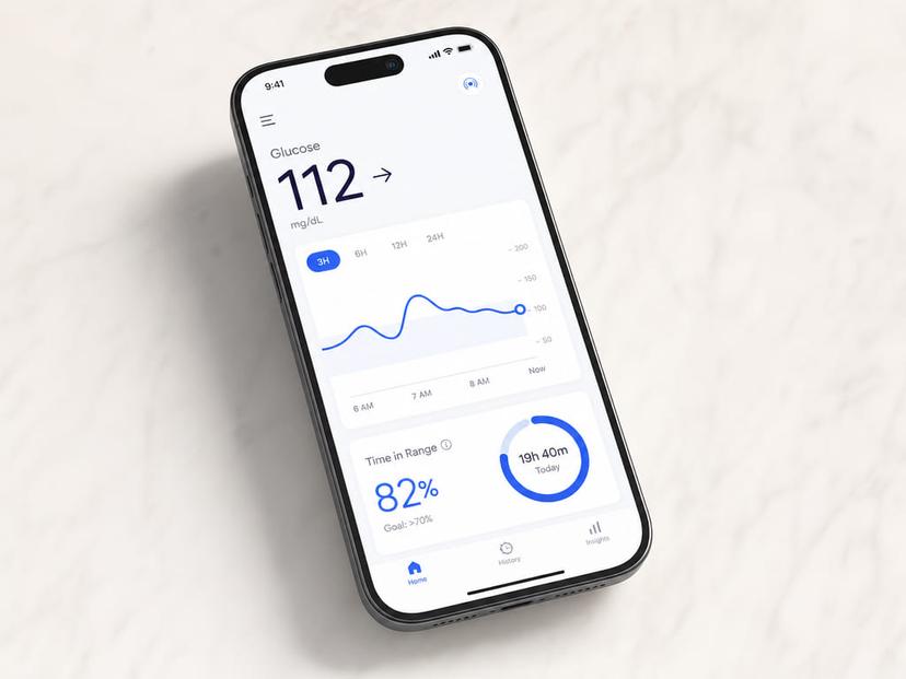 A tablet and smartphone displaying glucose analytics dashboards on a soft lavender background