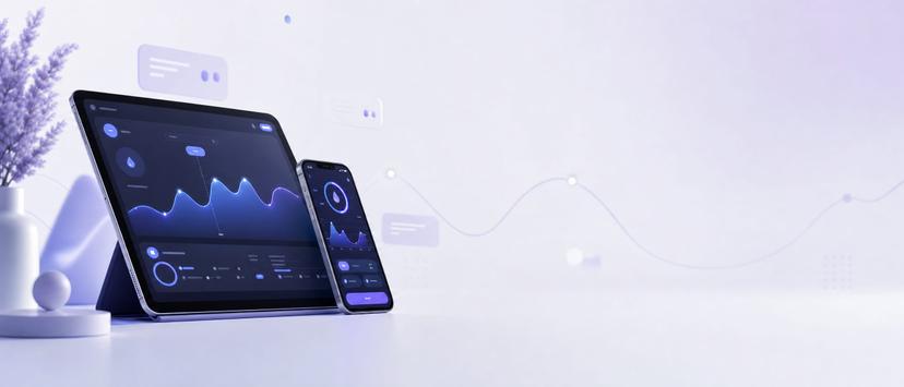 A tablet and smartphone displaying glucose analytics dashboards on a soft lavender background