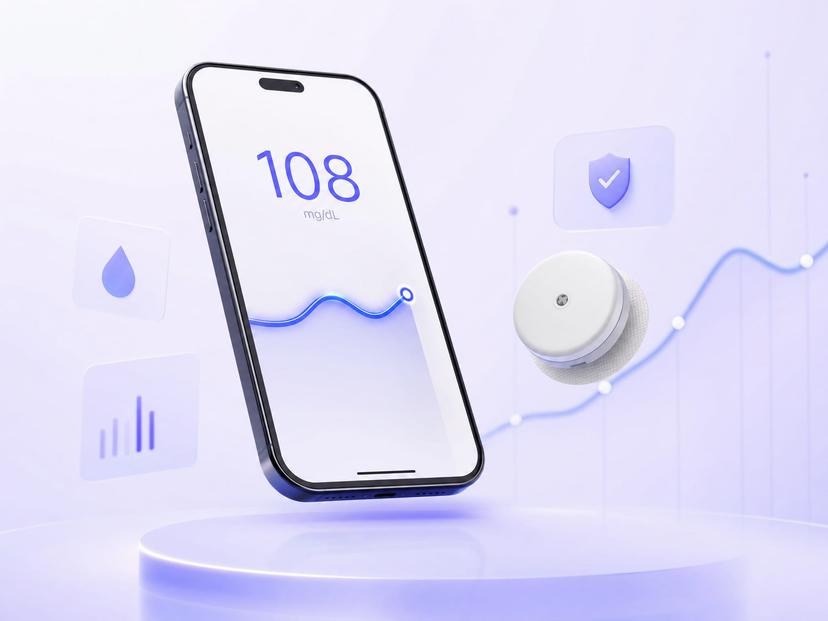 Glucose-monitoring app on a smartphone showing a 108 mg/dL reading with a blue trend curve, beside a round continuous glucose monitor sensor and floating security and analytics cards