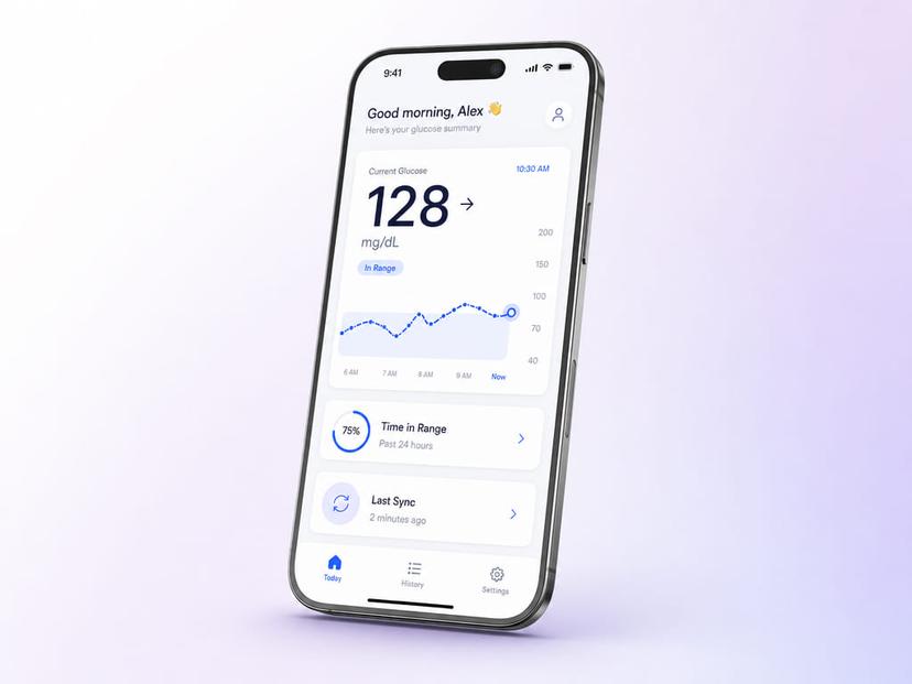 Glucose trends and alerts screen with a predictive heads-up card warning that low glucose is likely soon, above a twelve-hour trend curve