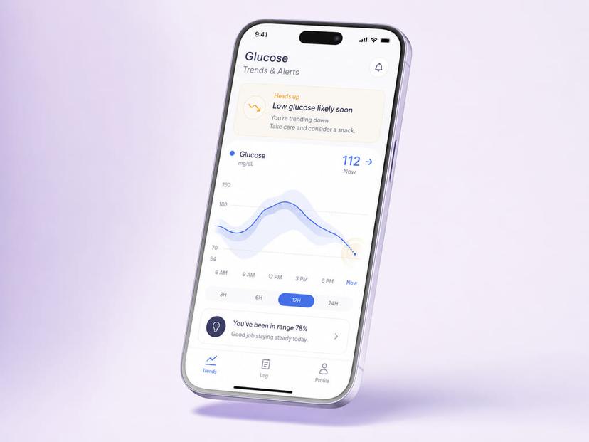 Glucose trends and alerts screen with a predictive heads-up card warning that low glucose is likely soon, above a twelve-hour trend curve