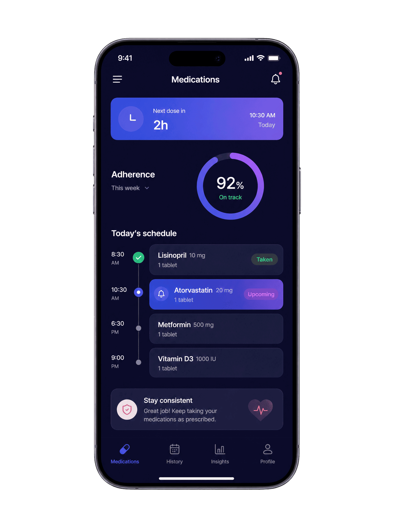 Medications tracking app screen