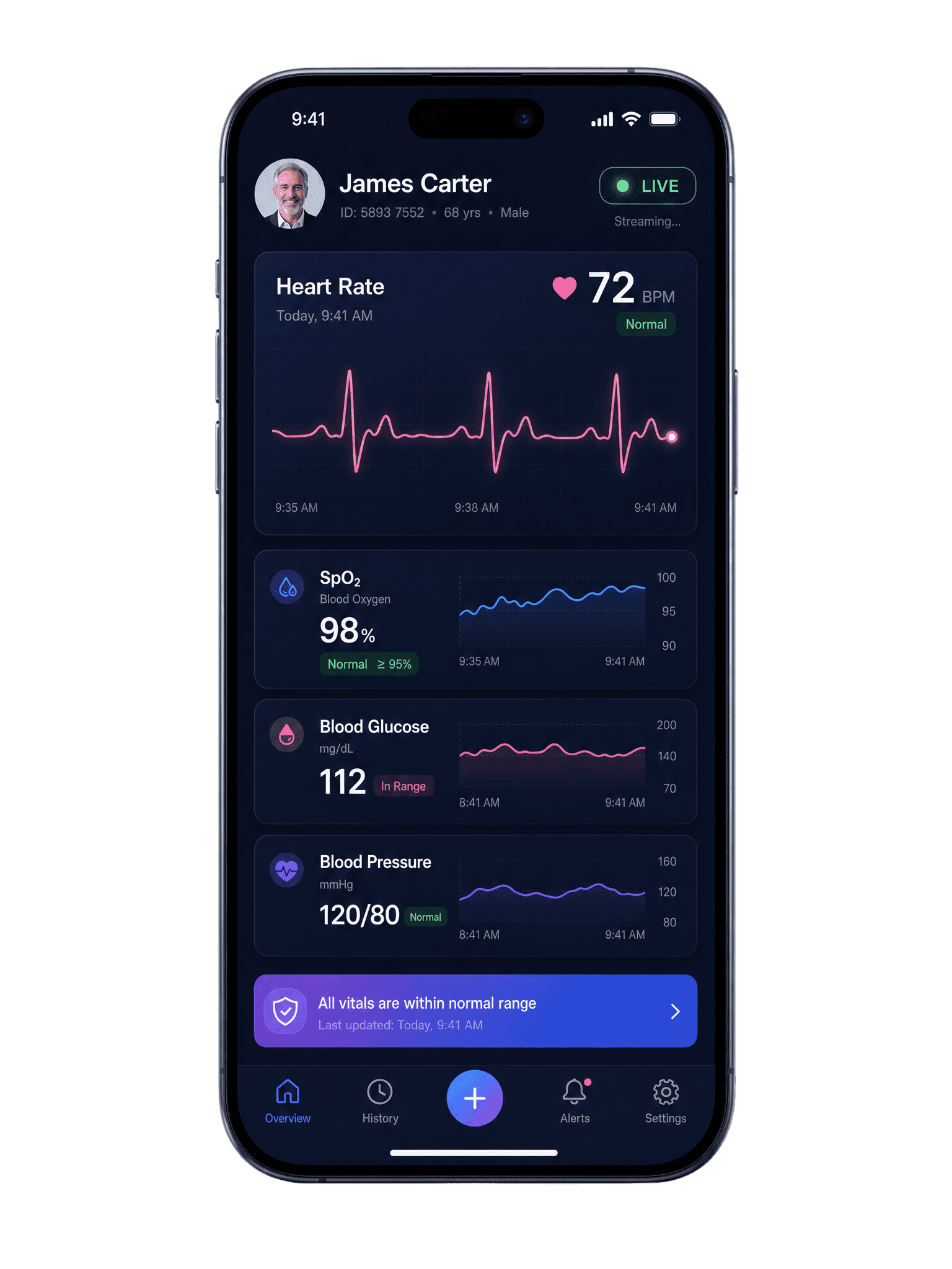 Live vitals monitoring app screen